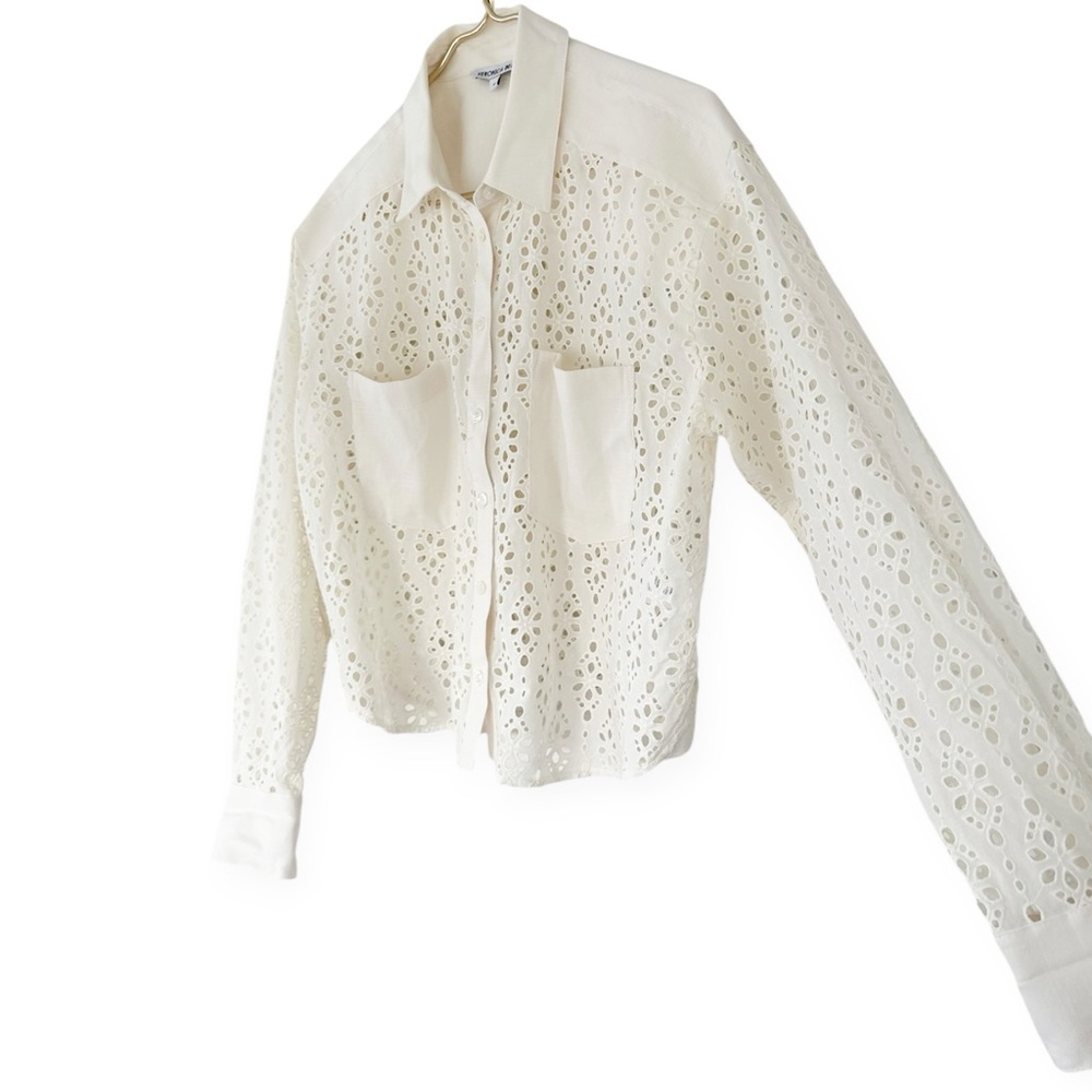 Veronica Beard White Eyelet Button-Down Shirt with Chest Pockets - Picture 7 of 14